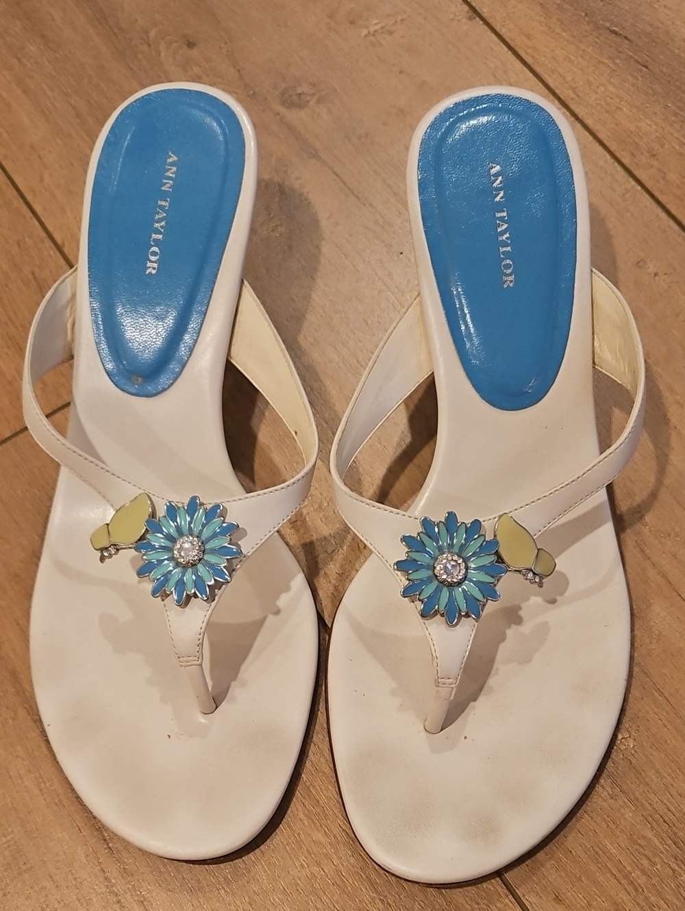 Ann Taylor WhiteThong Sandals, Blue/Green Metal/ Crystal Flower&Butterfly Accent